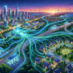 Futuristic city connected by glowing renewable energy infrastructure