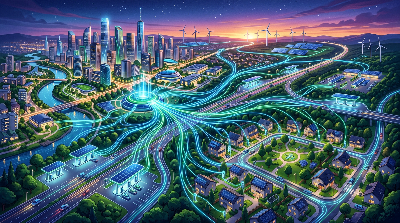 Futuristic city connected by glowing renewable energy infrastructure